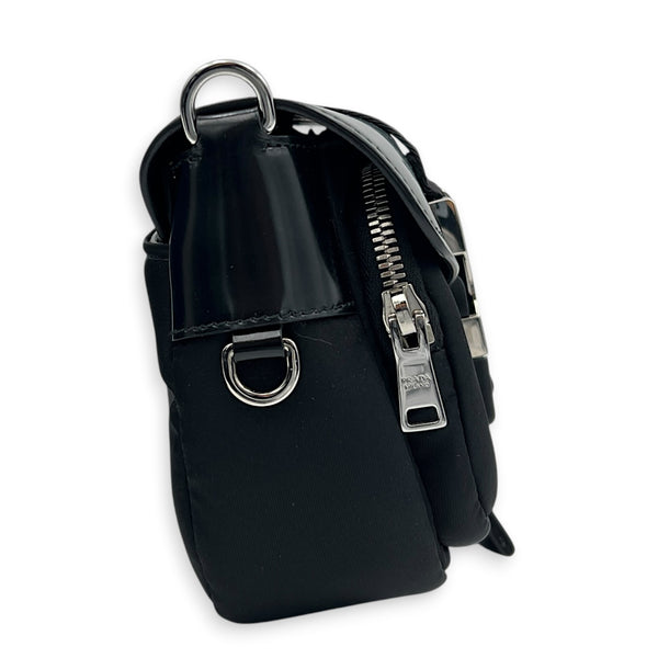 Buckle Pocket Black Crossbody Bag in Spazzolato & Re-Nylon, Silver hardware