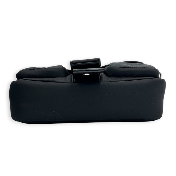 Buckle Pocket Black Crossbody Bag in Spazzolato & Re-Nylon, Silver hardware