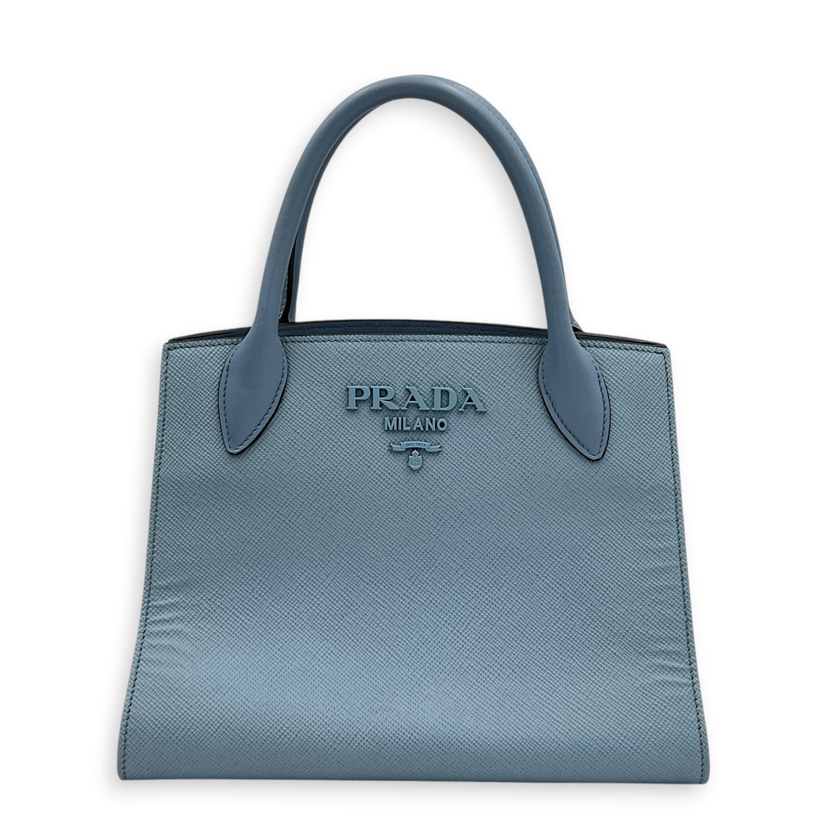 Monochrome Top Handle Bag Blue in Saffiano Leather, Gold hardware
