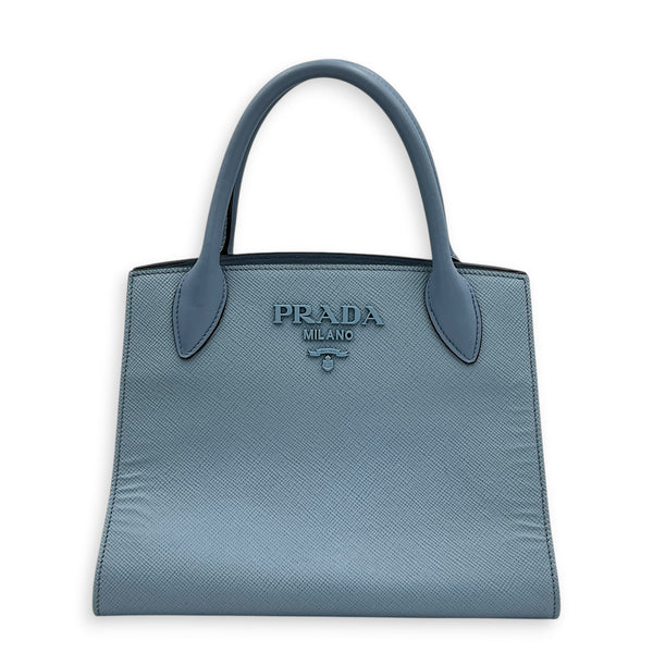 Monochrome Top Handle Bag Blue in Saffiano Leather, Gold hardware