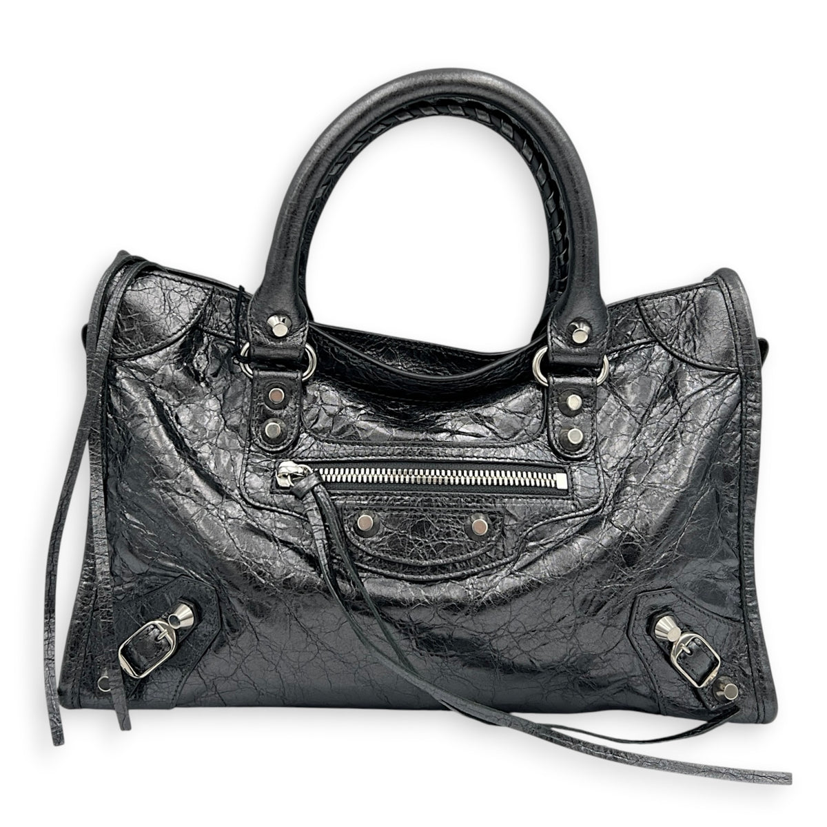 City Small Grey Top Handle Bag in Distressed Leather, Silver hardware