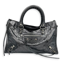 City Small Grey Top Handle Bag in Distressed Leather, Silver hardware