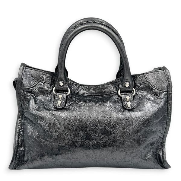 City Small Grey Top Handle Bag in Distressed Leather, Silver hardware