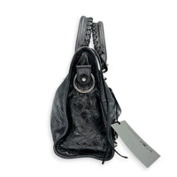 City Small Grey Top Handle Bag in Distressed Leather, Silver hardware