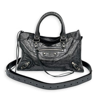 City Small Grey Top Handle Bag in Distressed Leather, Silver hardware
