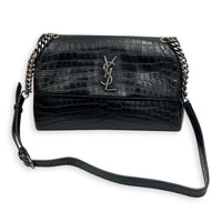 West Hollywood  Shoulder Bag Black in Crocodile Embossed Calfskin, Silver hardware