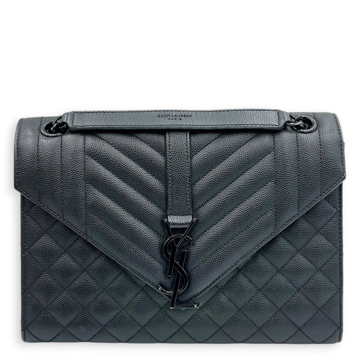 Envelope Black Shoulder Bag in Caviar Leather, Gunmetal hardware