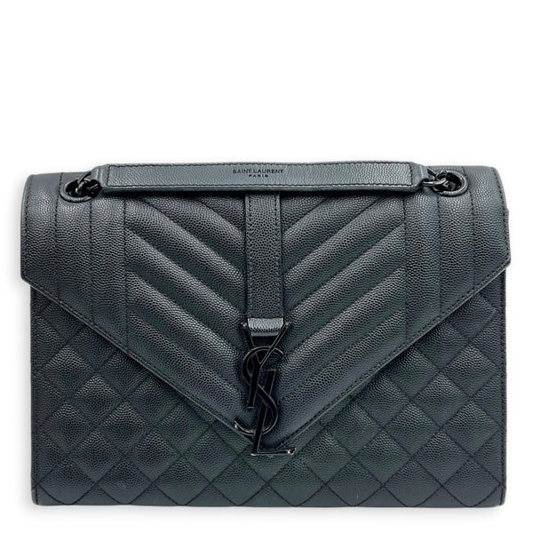 Envelope Black Shoulder Bag in Caviar Leather, Gunmetal hardware