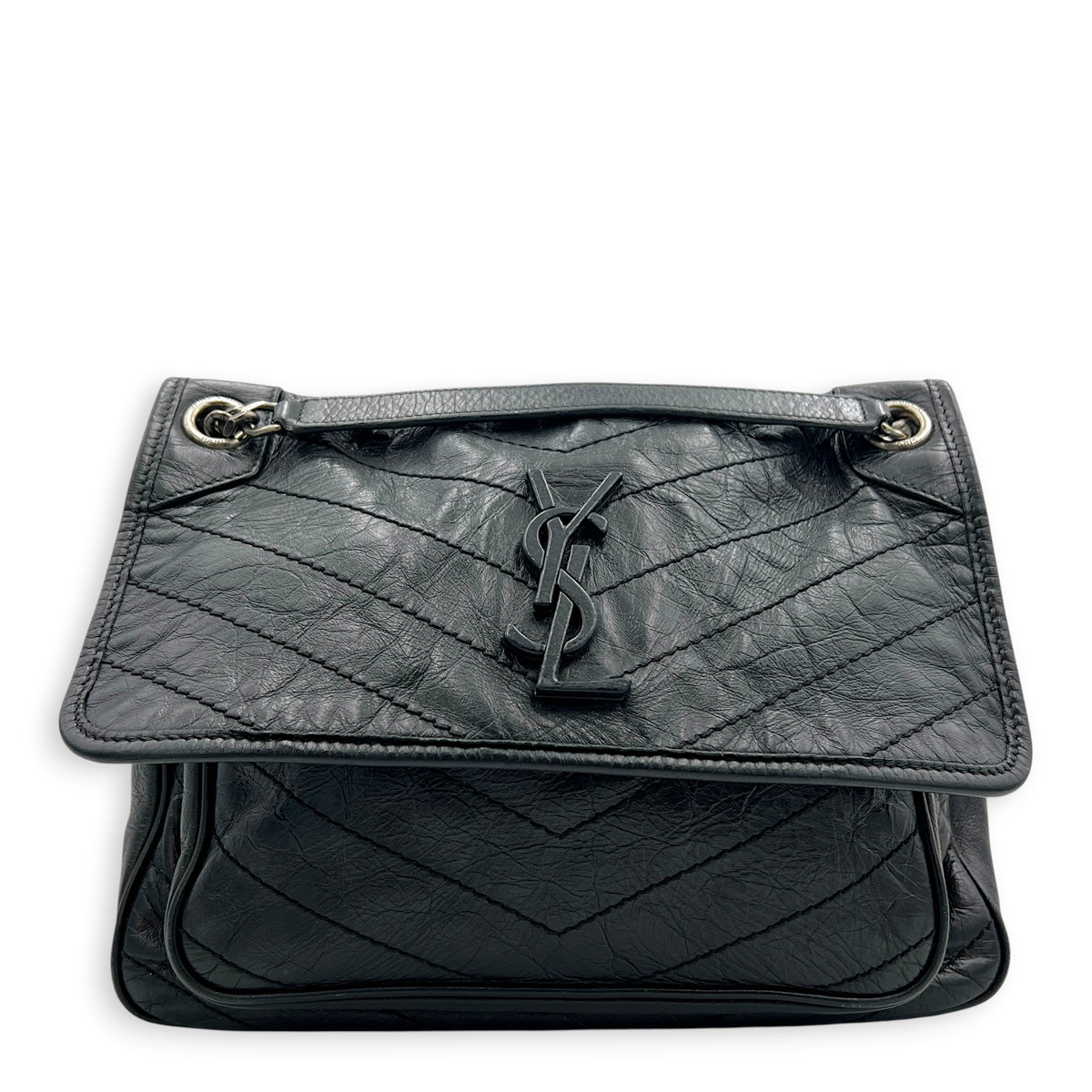 Niki Shoulder Bag Medium Black in Distressed Leather, Gunmetal hardware