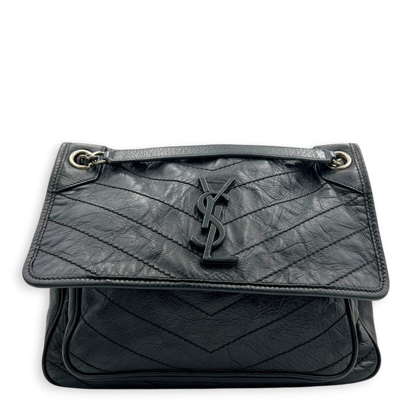 Niki Shoulder Bag Medium Black in Distressed Leather, Gunmetal hardware
