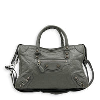 City Small Grey Shoulder Bag in Distressed Leather, Silver hardware