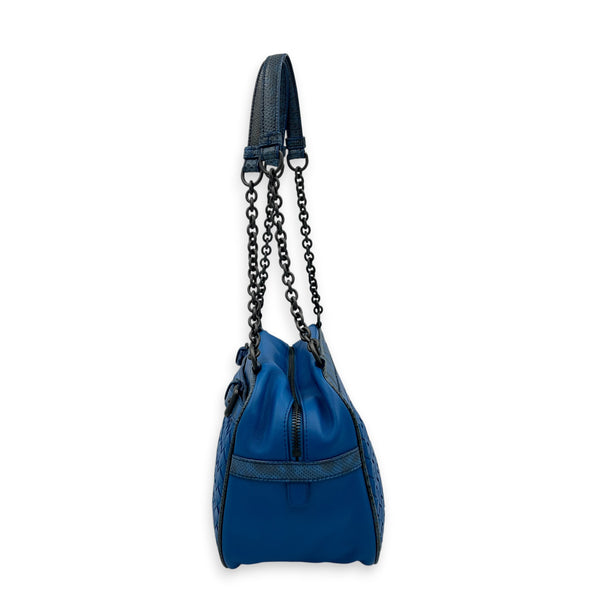 Intrecciato Blue Camera Bag in Intrecciato Leather, Gunmetal hardware