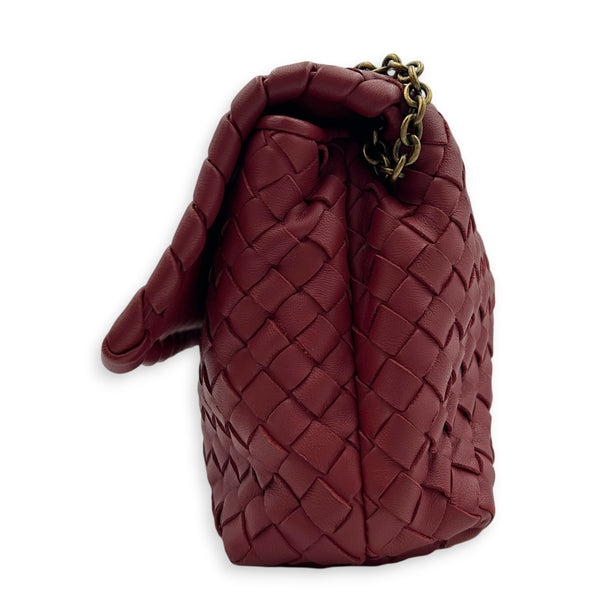 Intrecciato Shoulder Bag Red in Intrecciato Leather, Gold hardware