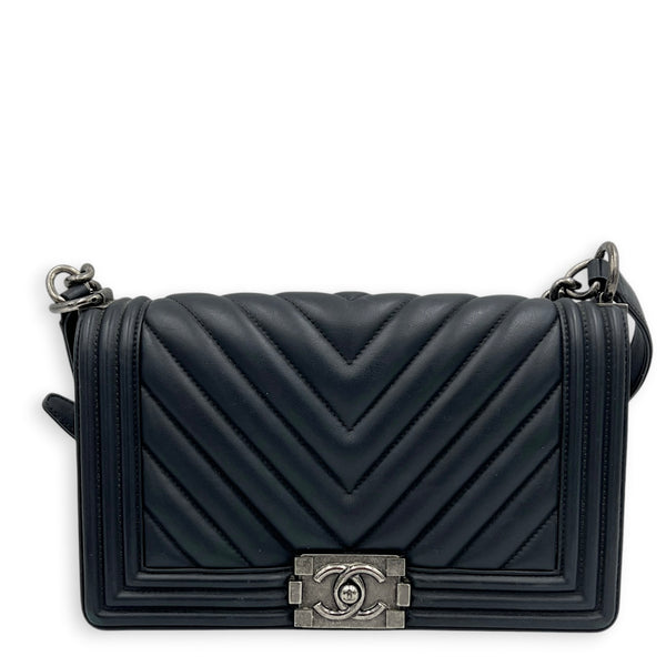 Boy Medium Black Shoulder Bag in Calfskin, Ruthenium hardware