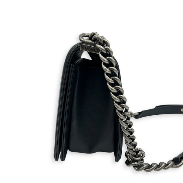 Boy Medium Black Shoulder Bag in Calfskin, Ruthenium hardware