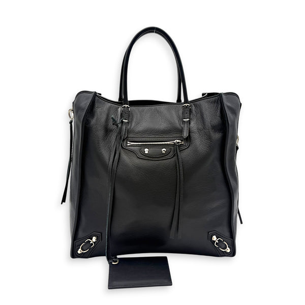 Papier Top Handle Bag Noir in Lambskin, Silver hardware