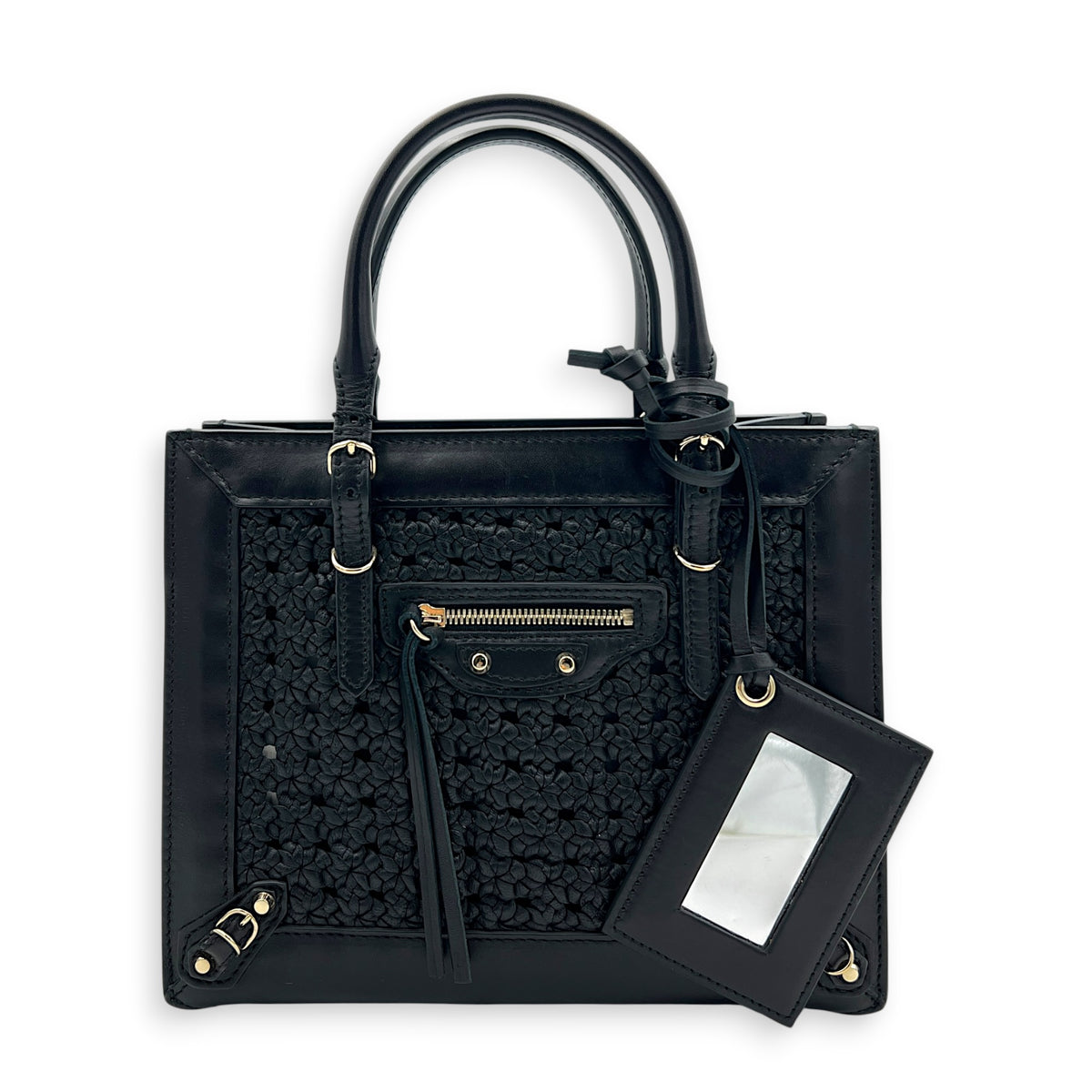 Papier Woven Black Top Handle Bag in Calfskin, Gold hardware