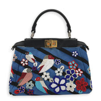 Peekaboo Top Handle Bag Small Blue in Fabric, Gold hardware