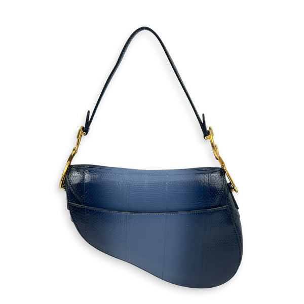 Saddle Shoulder Bag Medium Blue in Python Leather, Gold hardware