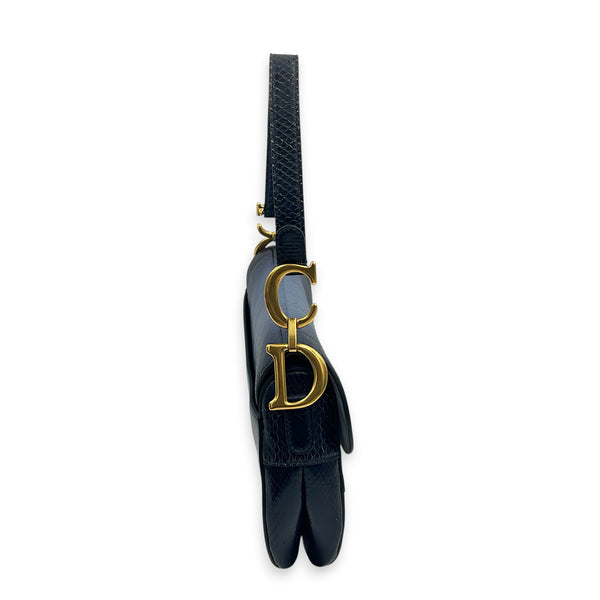 Saddle Shoulder Bag Medium Blue in Python Leather, Gold hardware